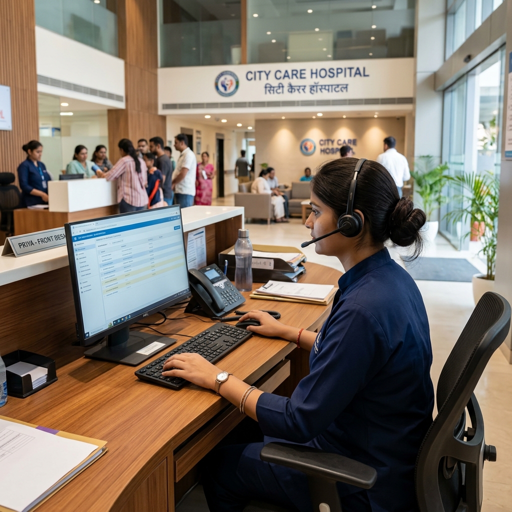 Clinic receptionist managing software at computer workstation