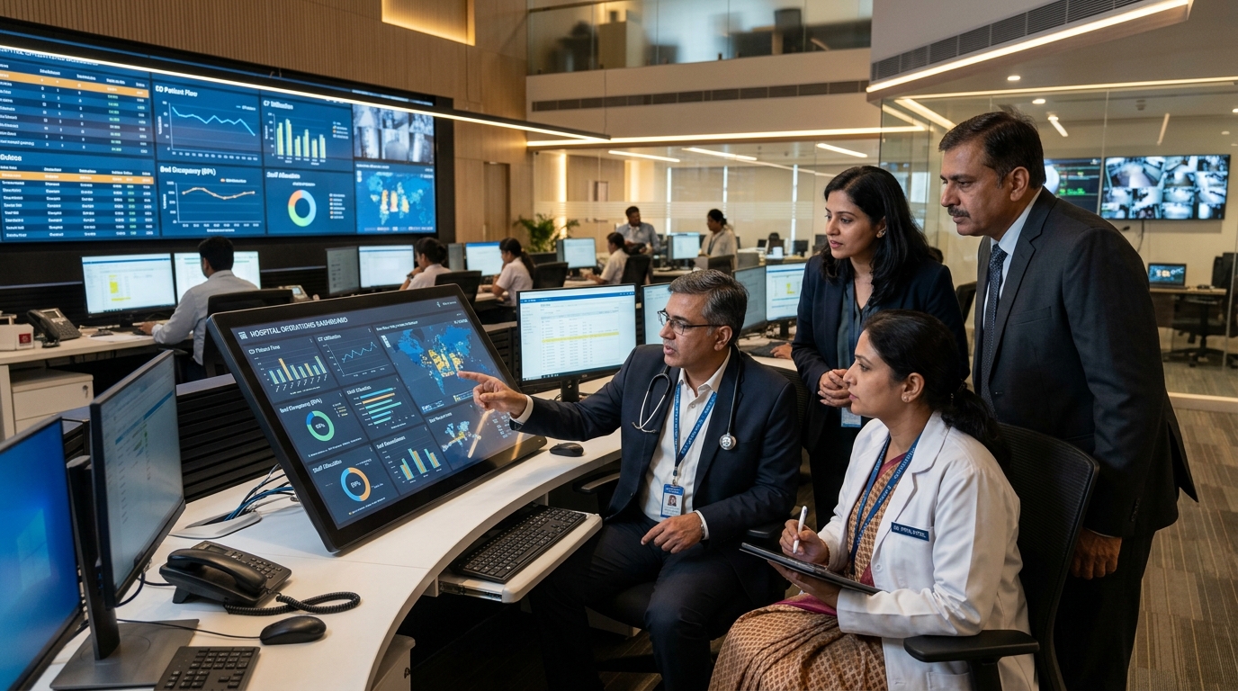 Indian hospital management team reviewing operations on HIMS software dashboards in command center
